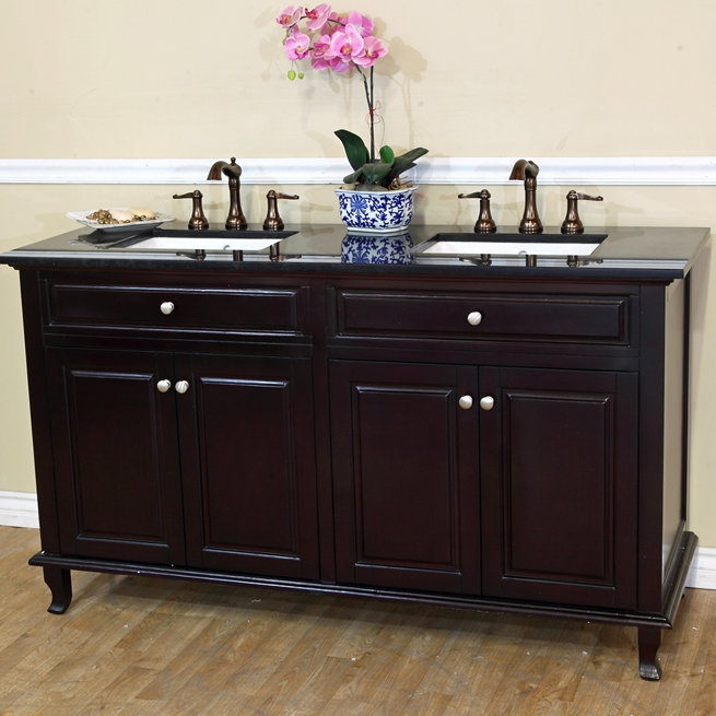 Lombardi 62'' Double Bathroom Vanity with Top, Dark Mahogany, Black Galaxy