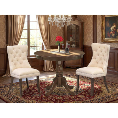 22913F8E7CA84BF5AA43780B68DF6A09 3 Piece Dining Table Set Consists of a Round Kitchen Table with Pedestal and 2 Padded Chairs, Antique Walnut