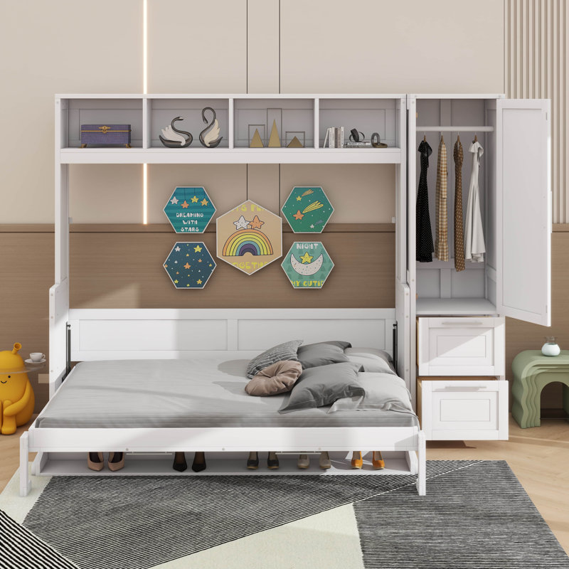 Lit escamotable peu encombrant avec garde-robe intégrée et rangement pour tiroirs, Blanc, Grand lit