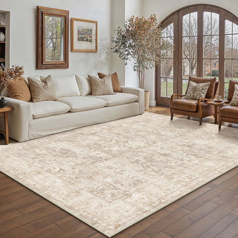 Bremerton Vintage Washable Beige Area Rug With Non-Slip Backing, Rectangle 9' x 12', Beige