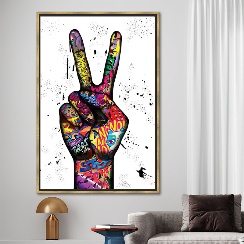 Peinture de graffiti signe de paix - décoration murale abstraite à la mode avec signe de la main, 26" H x 18" W, Doré