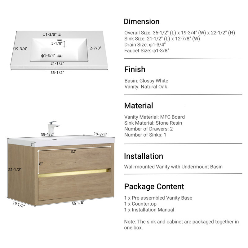 Floating Bathroom Storage Cabinet with Stone Resin Countertop, Oak Natural Wood
