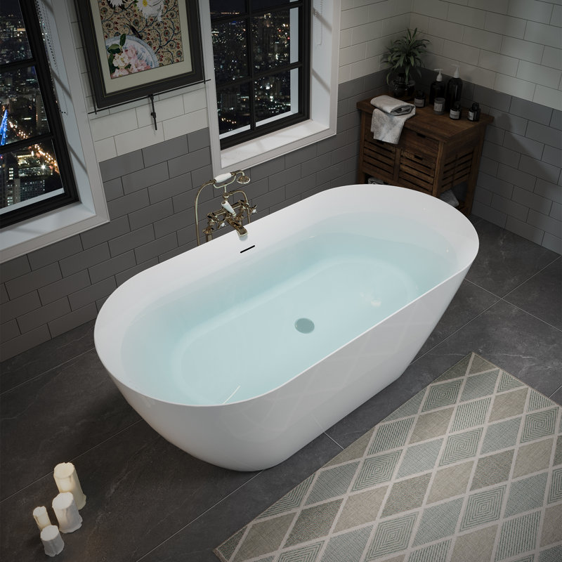 60" x 28.74" Acrylic Freestanding Bathtub, Oval Deep Soaking Bathtub with Center Pop-up Drain & Integrated Overflow for Bathroom Spa, Glossy White