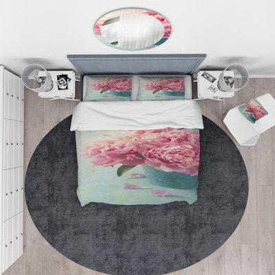 Fleurs de pivoines roses dans un vase - ensemble de housse de couette floral - microfibre de polyester