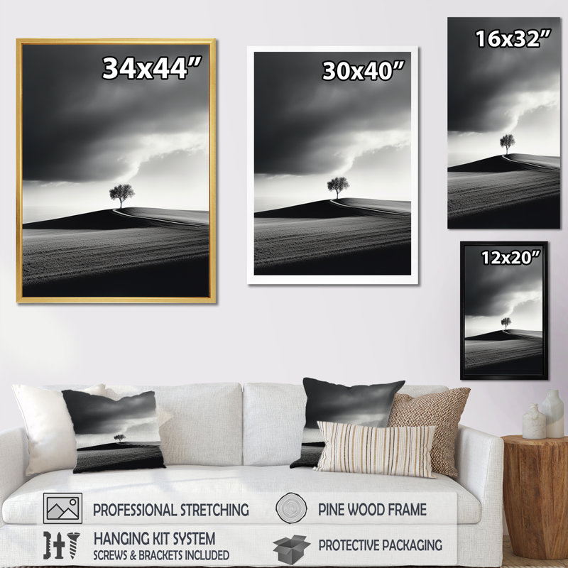 " Black And White Minimalism Prairie Tranquillity ", Gold Single Picture Framed, 20" H x 12" W x 1" D