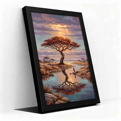 Twisted Tree By River Under Purple Sunset Canvas Wall Art