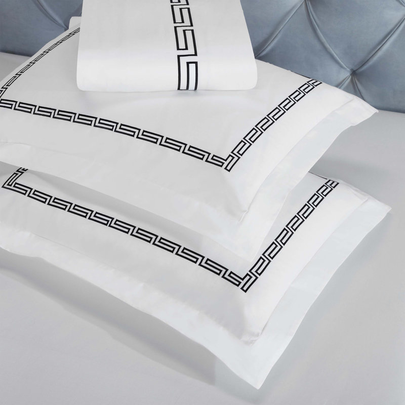Harrison Cotton Greek Key Embroidered 3 Piece Duvet Cover Set by Superior, King/California King +2 King Shams, White/Black