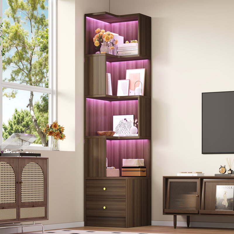 L-Shaped Corner Display Cabinet with LED Lighting, Brown