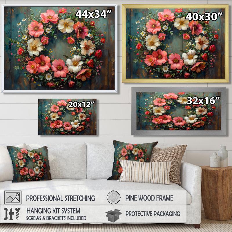 Couronne de fleurs rose et verte - décoration murale couronne, H 30 po x l 40 po, Cadre flottant blanc