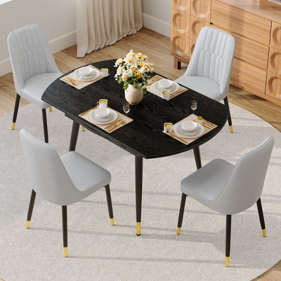 53" Extendable Dining Table Set For 4, 5-Piece Self Storing Leaf Round To Oval Kitchen Table With 4 Faux Leather Chairs, Gold-Tipped Legs For Small Spaces