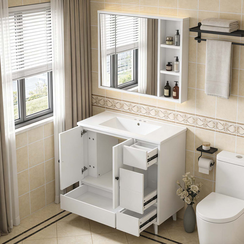 Ensemble de meuble-lavabo avec lavabo, 4 tiroirs et support de rangement latéral pour un rangement moderne et efficace