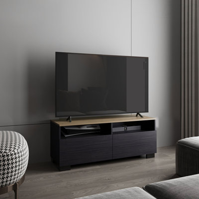 Meuble télé moderne Colman avec tablettes ouvertes et profil compact, console multimédia minimaliste pour le salon ou la chambre à coucher, meuble télé