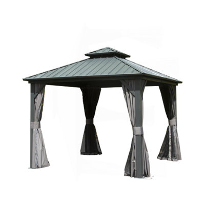 Pavillon de jardin à toit rigide de 8 pi x 8 pi, pavillon en métal et aluminium avec double toit en acier galvanisé, rideau et filet, pavillon de pavillon permanent pour patio, cour, terrasse, pelouse, gris