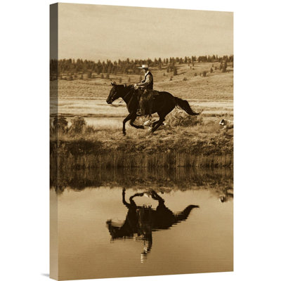 Oregon " Cowboy Riding Horse Beside Pond With Two Dogs "