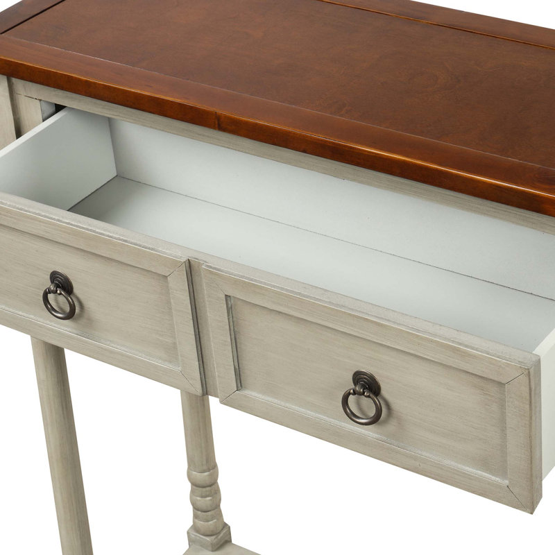 Table console Ikard avec tiroirs et longue tablette rectangulaire, Plateau brun / structure gris antique