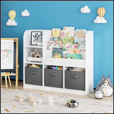 Bibliothèque multifonctionnelle pour enfants avec 3 tiroirs en tissu pliables, parfaite pour organiser et exposer des livres et des jouets dans les chambres et les salles de jeux.