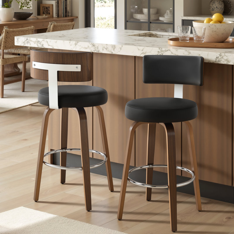 2PCS Swivel Bar Stools, Faux Leather Kitchen Stools Upholstered Barstools With Back, Black