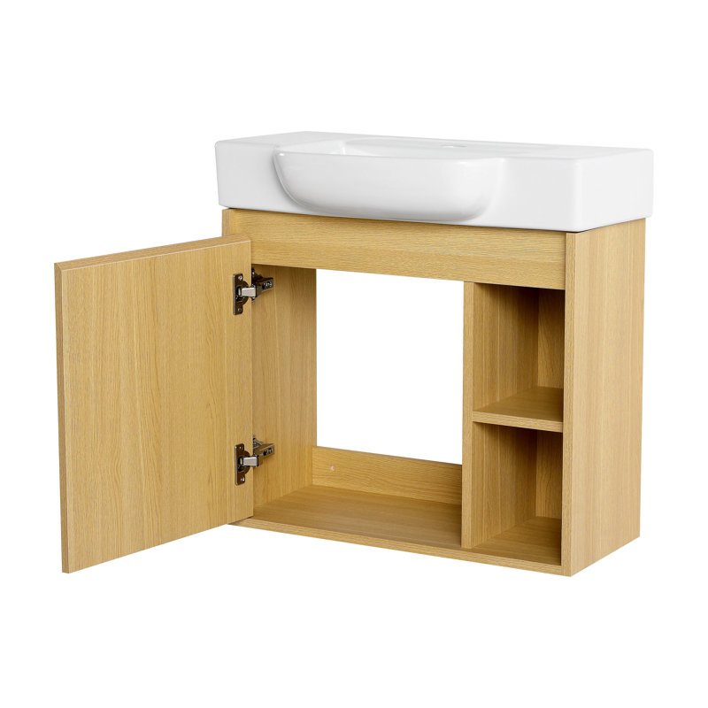 Meuble-lavabo mural avec lavabo en céramique et porte à fermeture en douceur, Chêne clair, 24"