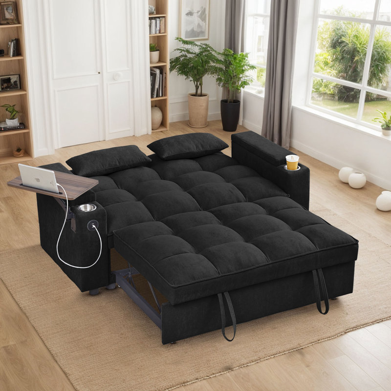 Chenille Convertible Loveseat with Storage Armrest, USB Port & Side Table, Black Chenille
