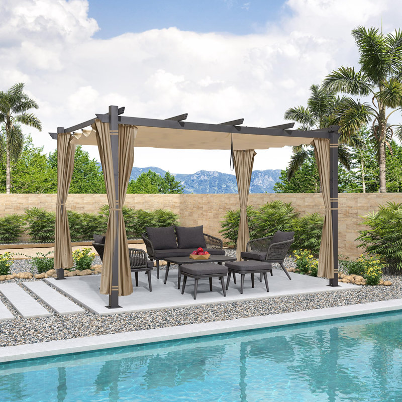Outdoor Pergola With 4-sided Curtains Retractable Canopy Patio Aluminum Sun Shade For Garden Deck Porch Gazebo Pavilion Grill Modern Yard Grape Trellis Pergola