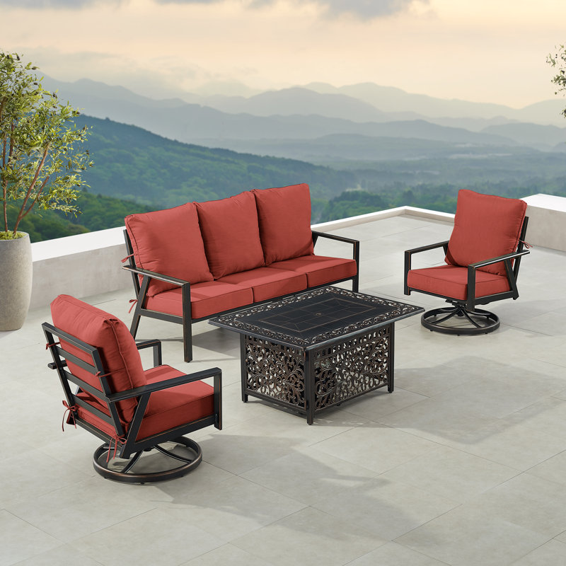 Ensemble de table de foyer en aluminium noir avec canapé et deux fauteuils club, Rouge