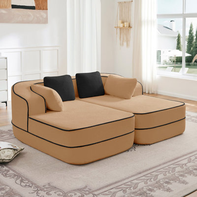 77.2" Teddy Fabric No Assembly  32D High Density Sponge Boneless Sofa,Fluffy Comfy Couch With Double Chaises,Sleeper Sofa,Contrast Design,Symmetrical Aesthetics,For Living Room