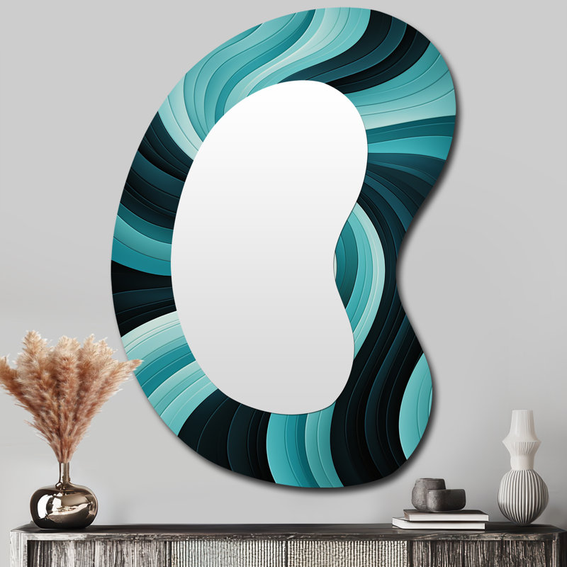 Eulon Turquoise Black Opt Art In - Op Art Unique Shape Large Wall Mirror, Modern Freeform Unique Mirror, Printed Metal Art