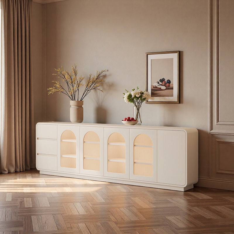 Cream style storage sideboard cabinet, 28.74" H x 94.48" W x 11.81" D
