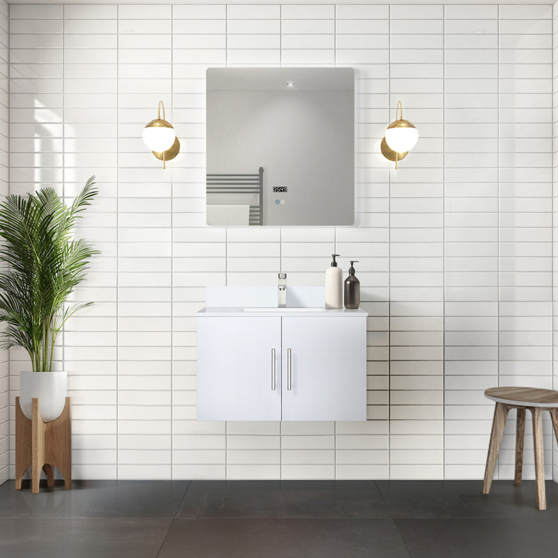 Meuble-lavabo blanc lustré 30 po L 22 po x P - Comptoir de quartz et miroir à DEL avec finition antitaches et fermeture en douceur