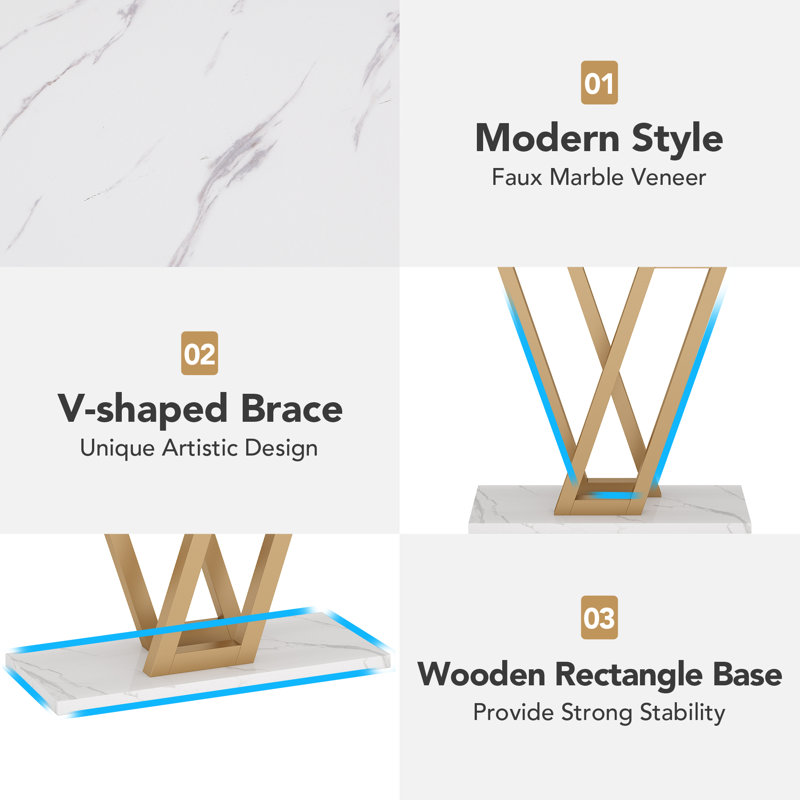 Gold and White Faux Marble Console Table with V-Legs