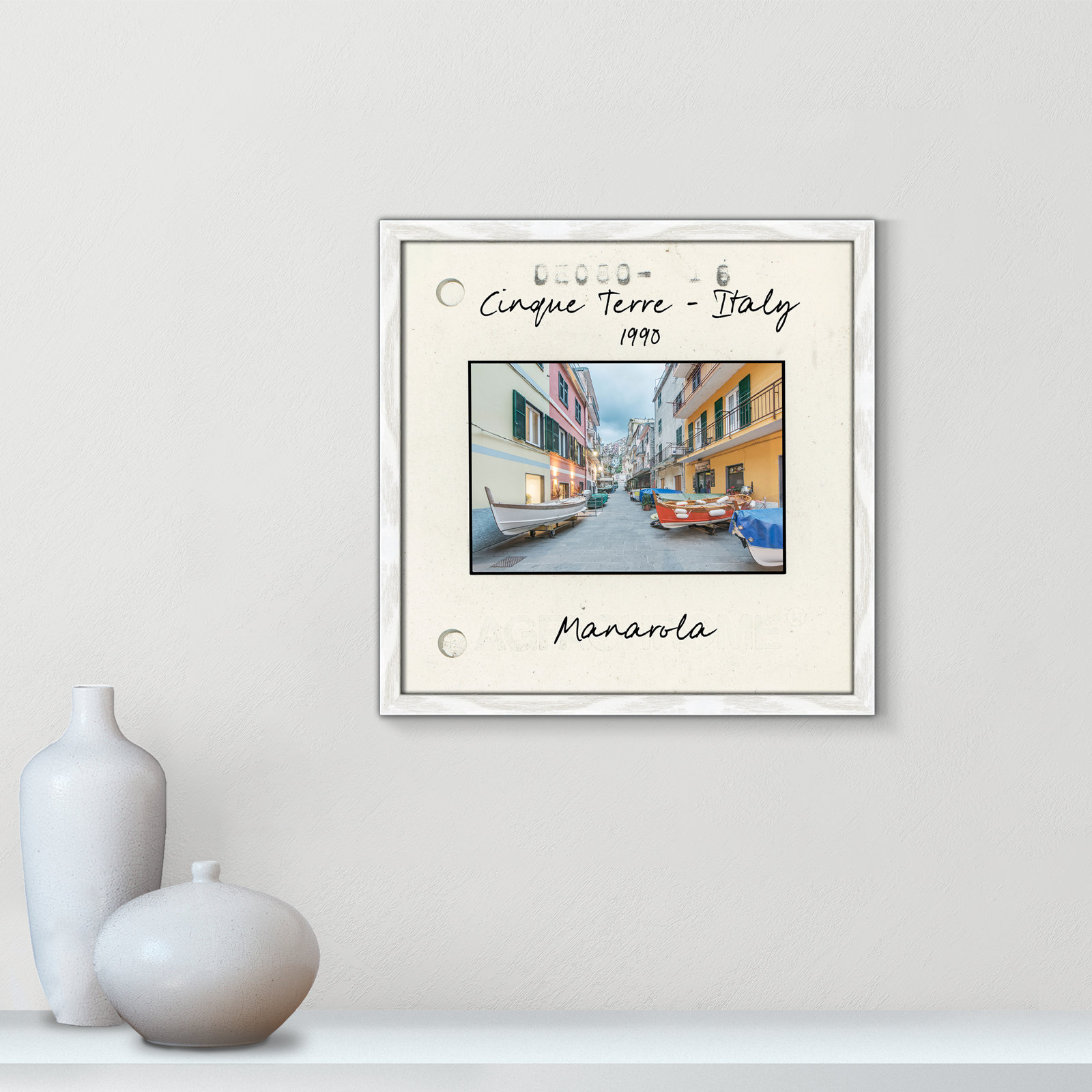 Travel Slide Collection "Cinque Terre - Manarola" Print, White Single Picture Framed Paper, 17" H x 17" W x 0.75" D