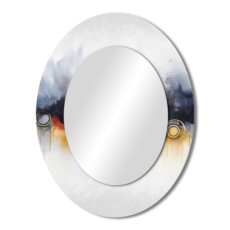 Abstract Blue And Yellow Marble Waterfall II - Large Oval Wall Mirror On Metal, 43" x 33"