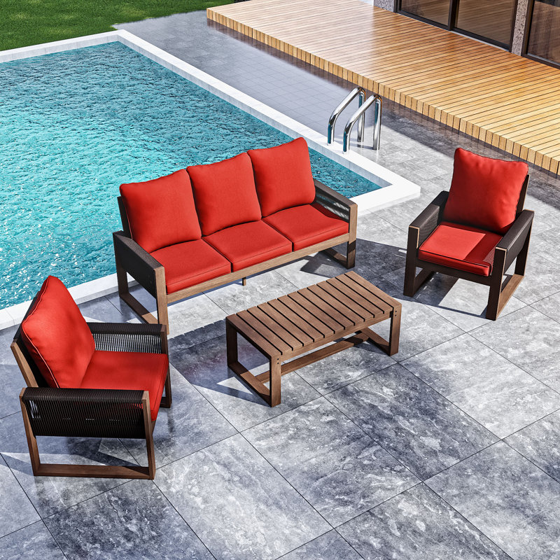 Ensemble de conversation pour 5 personnes avec table basse, 2 fauteuils et coussins rouges, Rouge