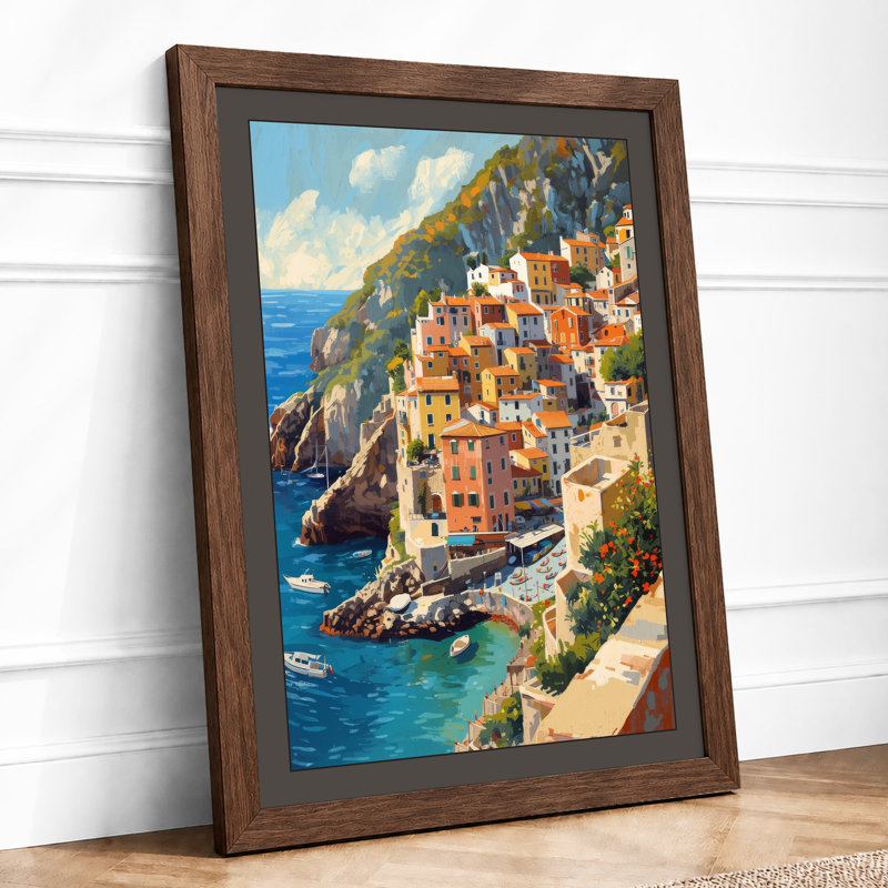 Mediterranean Clifftop Village Coastal - Framed Print, A3 - 42.0 x 29.7 cm, Walnut