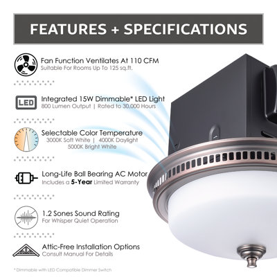 Decorative Round 110CFM, 1.2 Sones Dimmable LED Bathroom Exhaust Fan