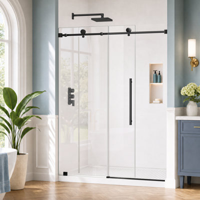 Porte de douche coulissante sans cadre de 64 à 68 po x H 78 po avec verre trempé Sgcc de 3/8 po (10 mm), revêtement Nano Easy Clean, installation réversible, matériel en acier inoxydable noir mat