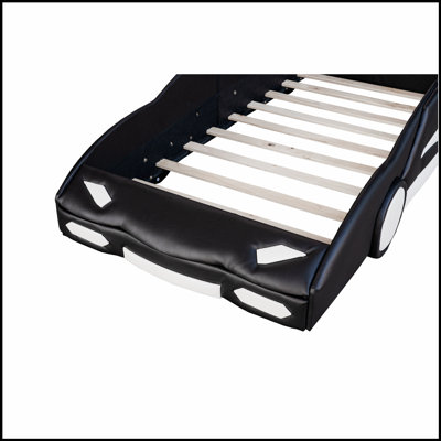 Lit plateforme en forme de voiture de course avec roues, durable et confortable pour les chambres d'enfants, idéal pour le plaisir et la fonctionnalité.