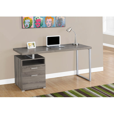 Bureau d'ordinateur contemporain de 60 pouces avec tiroirs de rangement, ensemble réversible à gauche ou à droite, structure en métal gris, finition stratifiée brune