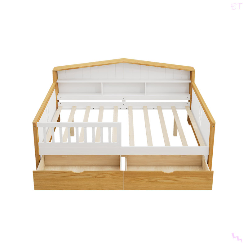 Lit de jour en forme de maison avec deux tiroirs et lit en bois avec tête de lit bibliothèque