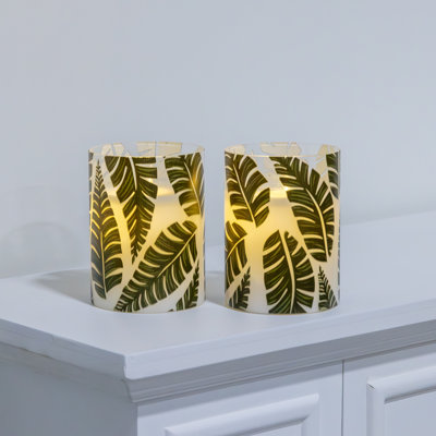 Battery Operated LED Glass Candles with Flickering Flame, Ferns - 2 Piece