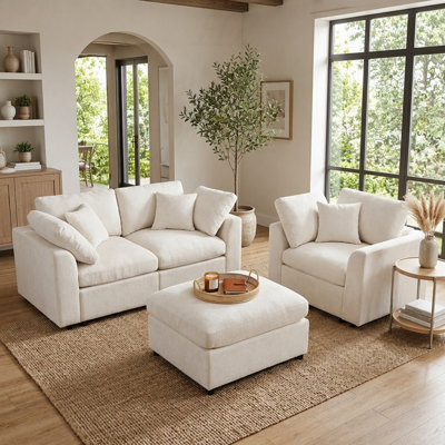Ensemble de canapé modulaire 3 pièces, 2 places + 1 place + repose-pieds mobile, canapé en chenille avec structure en bois massif, ensemble de salon moderne à assise profonde, 2 coussins décoratifs inclus