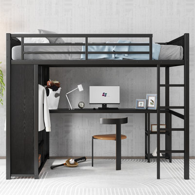 Structure de lit mezzanine avec garde-robe intégrée, lit mezzanine en métal avec bureau et tablettes de rangement
