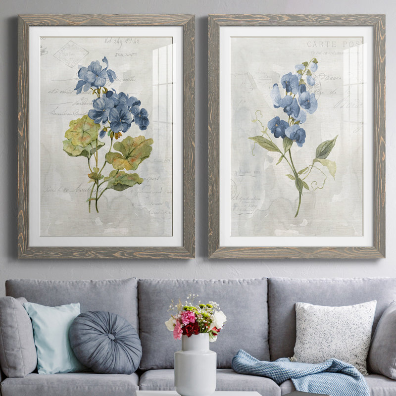 Lin bleu géranium - ensemble de 2 reproductions d'art, Impression encadrée avec passe-partout, H 31,5 po x l 47 po, Gris