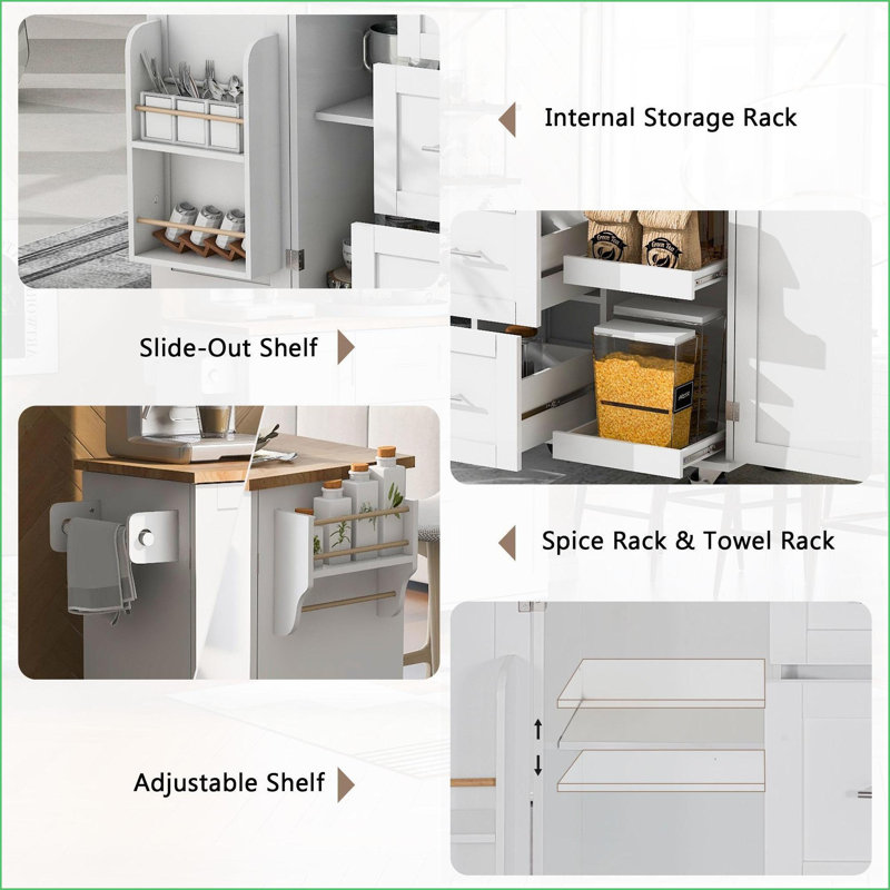 Îlot de cuisine avec rangement, chariot roulant avec plateau en bois d'hévéa, 3 tiroirs, 2 tablettes coulissantes, blanc | Panneau de fibres à densité moyenne | Moyen (40 à 55 po)