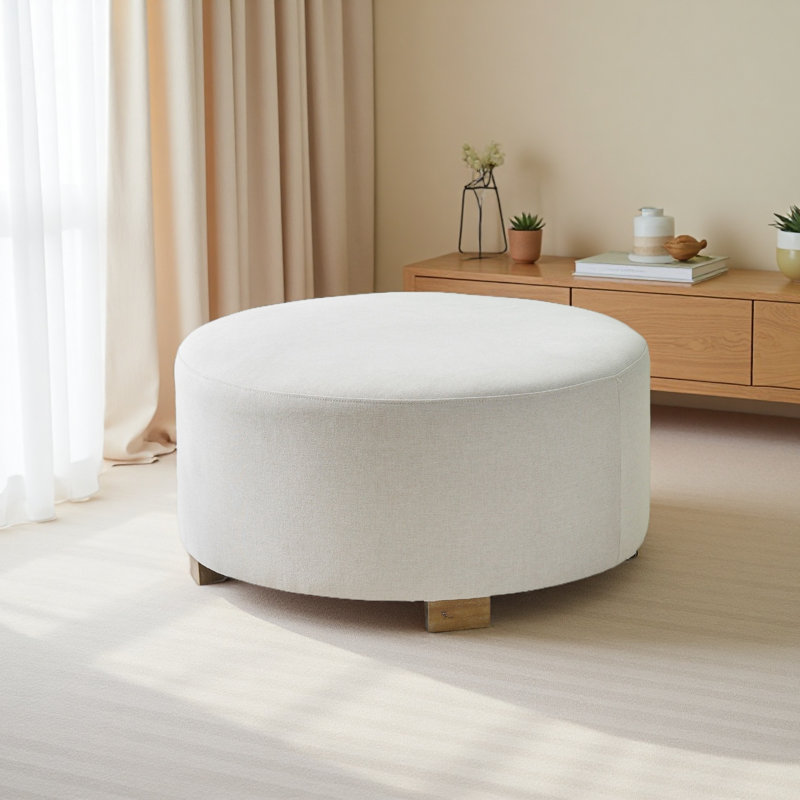 Fabric Round Ottoman With Wooden Legs, Modern Minimalist Ottoman