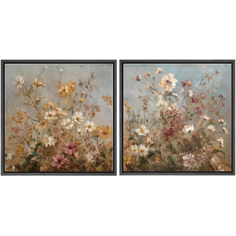 Warm Rustic Daisy and Meadow Flower Botanical Wall Decor Framed Master Bedroom Wall Art Work 2 Pieces Print, 24" H x 24" W