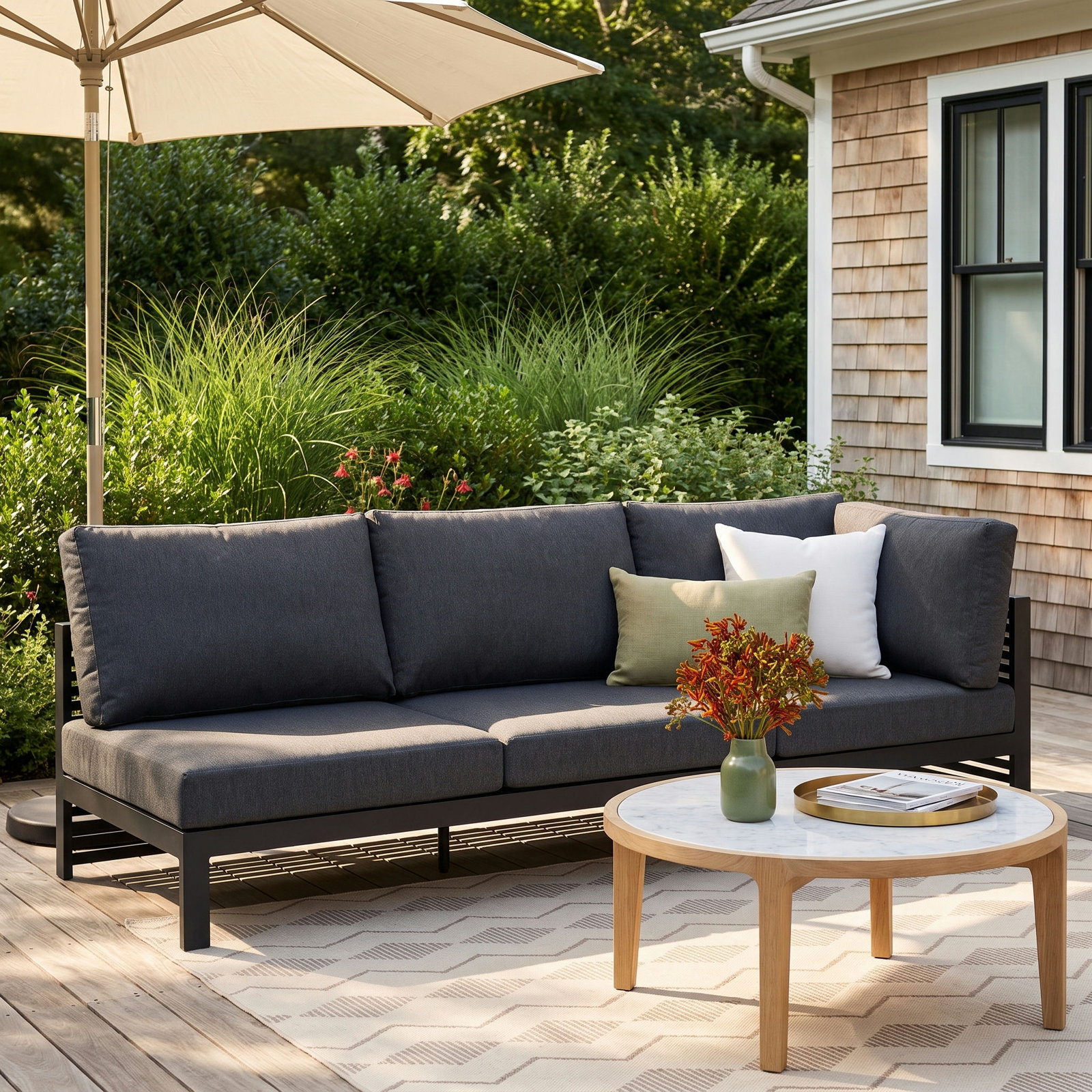 97" Teak Patio Sofa, Right Hand Facing