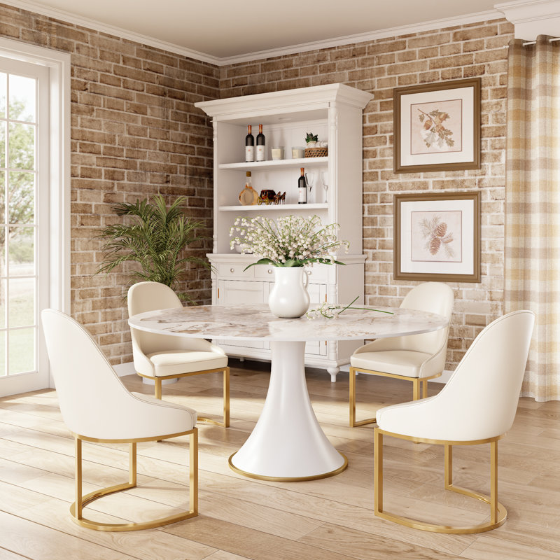 Ensemble de table ronde blanc pierre, H 29,52 po x l 59 po x P 59 po, Sable chaud, 5 pièces: table, 4 chaises