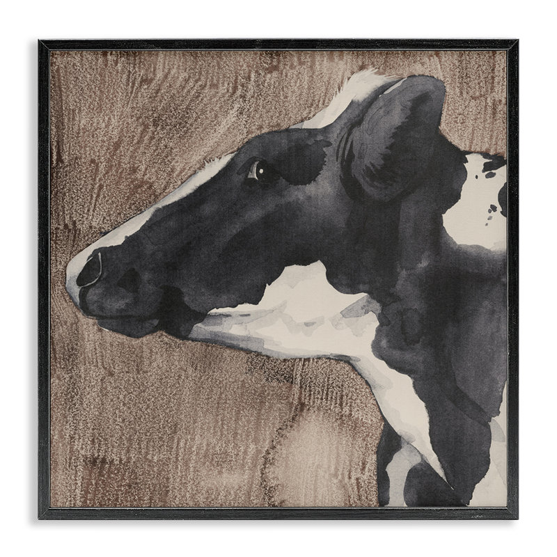 Vache rustique regardant à gauche, estampe numérique par Grace Popp, H 12 po x l 12 po, Giclée encadrée noir minuit