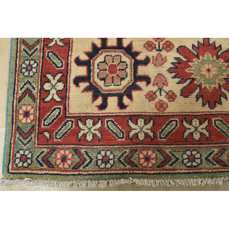 Hand-Knotted Green and Red Wool Cotton Area Rug